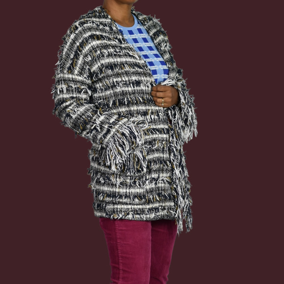 Zara Basic Fringe Tweed Coat Jacket Black White Metallic Thread Open Front Small - Picture 2 of 15